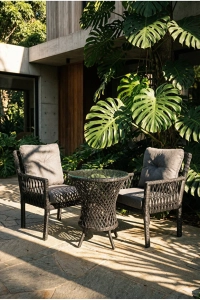 Alya Raddan 1+1 Bistro Set Minderli 2 Kişilik Raddan Oturma Grubu Camlı Sehpa Bahçe Balkon Teras Set